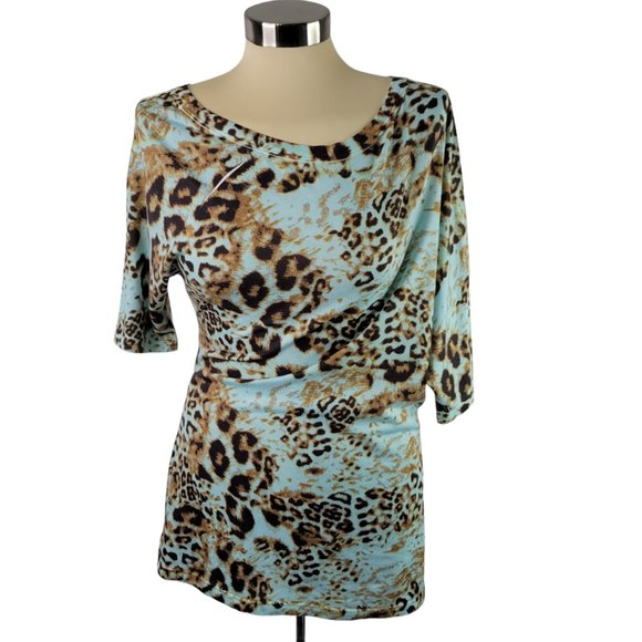 Boston Proper Tops - Boston Proper Tunic Top Small Blue Brown Animal Print Asymmetric Silhouette